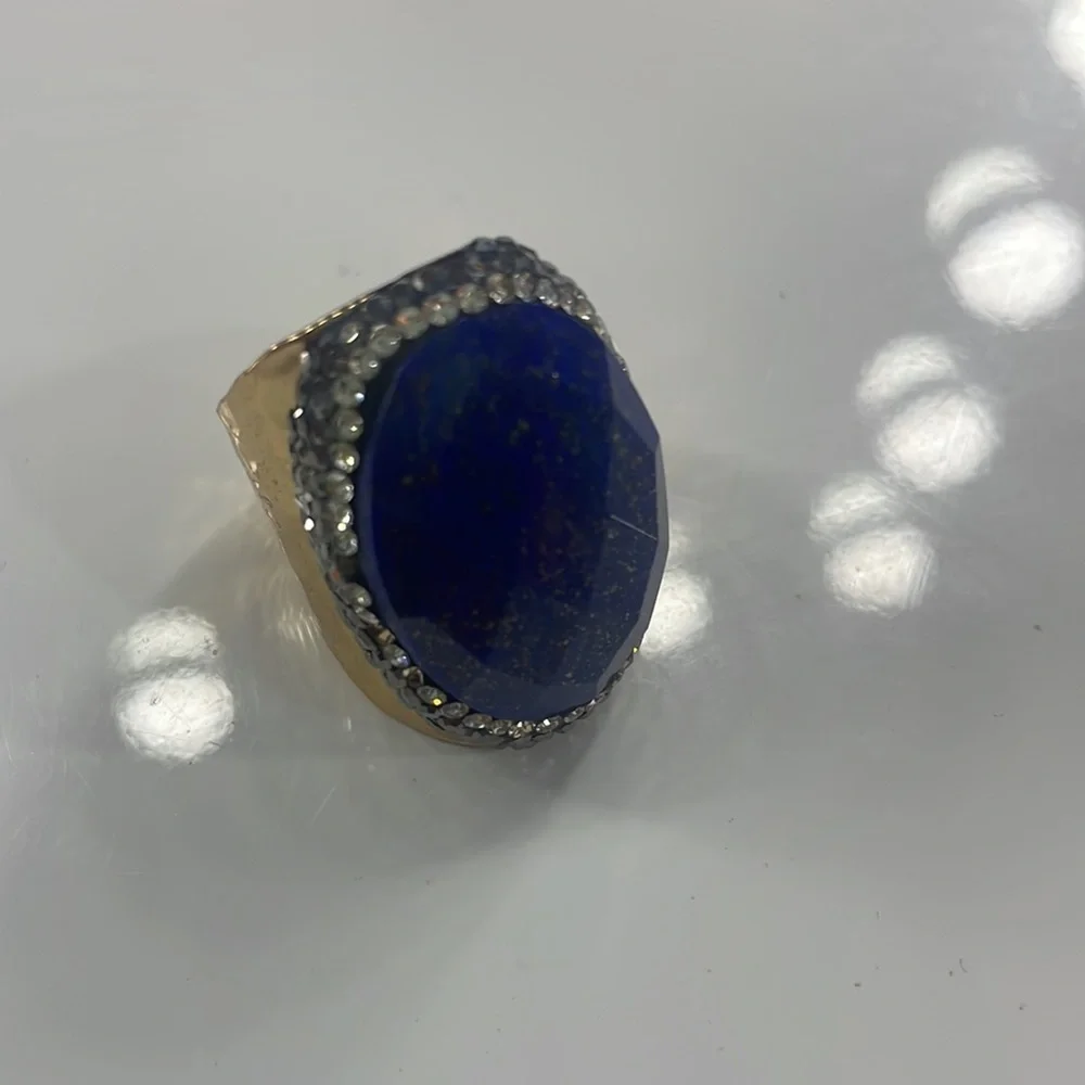 Lapis Lazuli Faceted, cocktail ring, gold, size adjustable, 6.5 - - Picture 3 of 8
